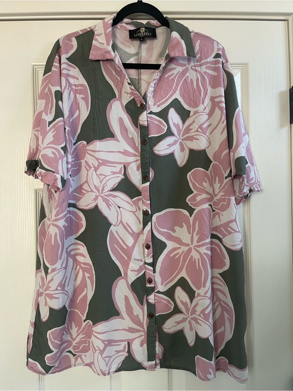 Women’s Lexbreezy Hawaii Aloha Button Down Dress Pink Floral Olive Green Size L